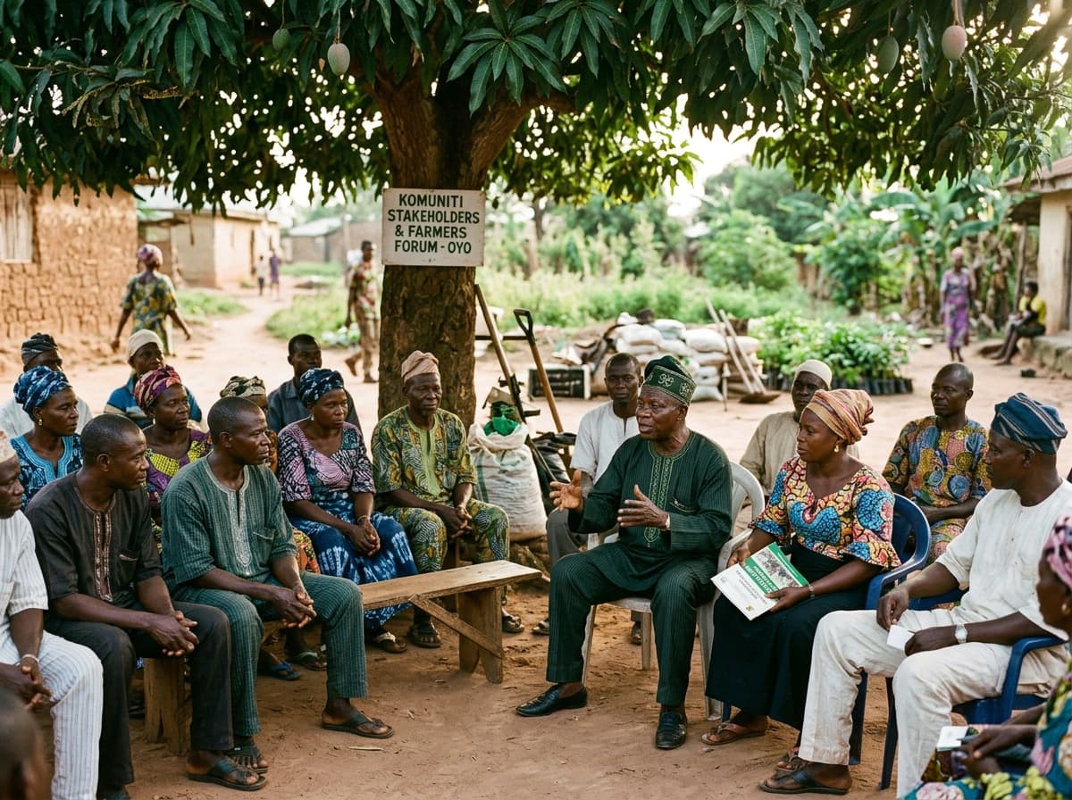 Oyo community members and agrarian stakeholders meeting outdoors in Oyo State